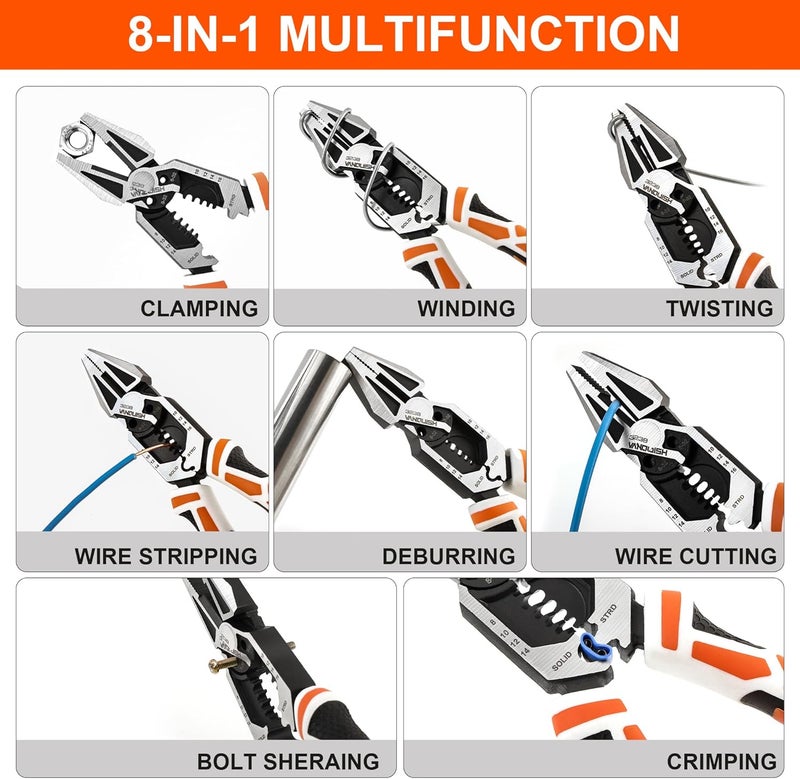 Vanquish 8-in-1 Linesman Pliers, 8’’ Multipurpose Combination Pliers Wire Cutter/Crimper/Stripper, CRV Steel Hand Tool, Heavy Duty Side-Cutting Pliers for Crimping, Stripping, Shearing, Screwing, 3238 - Image 4